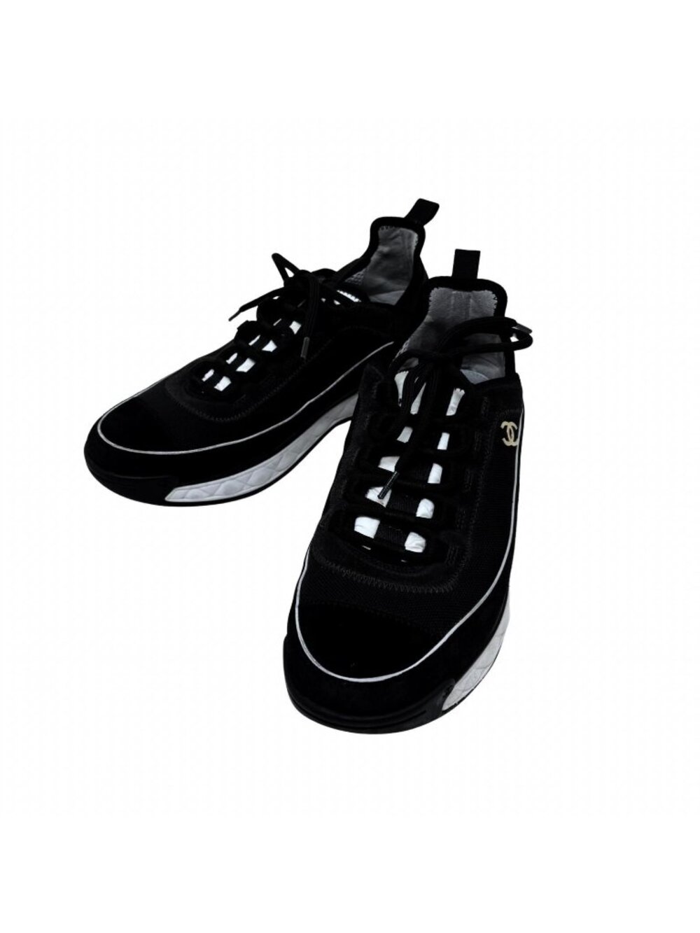 Chanel CC Logo Low-Top Sneakers Black White Suede Mesh